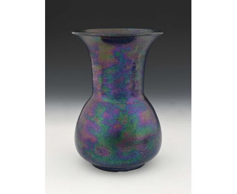 Ruskin Pottery, a Kingfisher lustre vase, 1923, conical baluster form with flared cylindrical neck, impressed marks, 21.5cm h