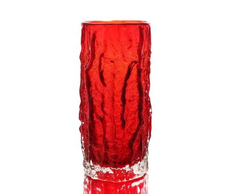 Geoffrey Baxter for Whitefriars, a Ruby red bark textured vase, model 9691, designed circa 1967, cylindrical form, 23cm high