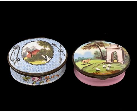 Two large Bilston enamel patch boxes, circa 1800, each of oval form, painted with animals in pastoral landscapes, including d