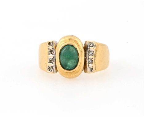 An 18ct gold emerald cabochon dress ring, with single-cut diamond line sides and tapered band, hallmarks for Birmingham 1990,