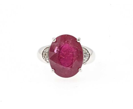 An 18ct gold ruby single-stone dress ring, with single-cut diamond accent shoulders, ruby estimated weight 11.50ct, hallmarks