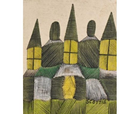 Scottie Wilson (Scottish, 1888-1972), Castle, signed l.r., ink, watercolour, 16 by 14cm, framed. Note: Scottish, Jewish, 'Out