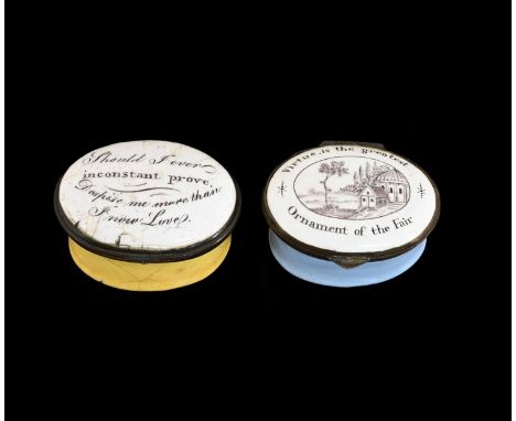 Two Bilston enamel patch boxes, circa 1790, oval form, one with a temple in landscape within motto Virtue is the greatest Orn