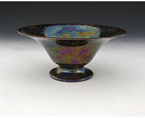 Ruskin Pottery, an iridescent Kingfisher/Bronze Lustre bowl, 1925, eggshell body, footed and flared form, impressed marks, 22