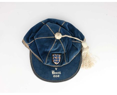 Stanley Matthews, an England international football cap, v Brazil 1956, blue velvet with silver coloured thread, applied thre