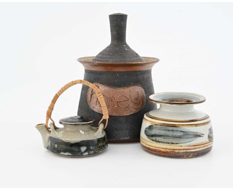 Mary Rich (British, 1940-2022), a stoneware fired lidded honey jar, a small vase, and a miniature teapot, (1973) with origina