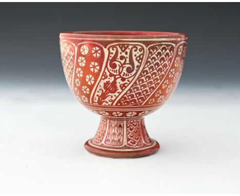 Ulisse Cantagalli, a Hispano Moresque red lustre footed bowl, circa 1890, rounded form on splayed conical foot, painted with 