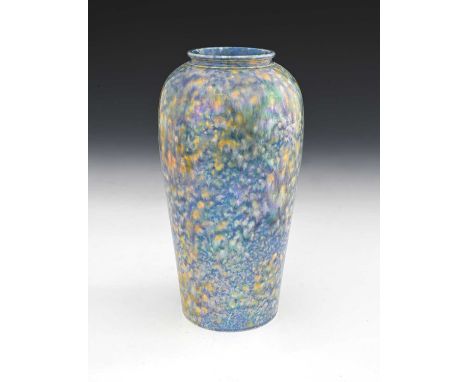 Ruskin Pottery, a lustre souffle type vase, 1925, shouldered form, blue curdled over yellow, impressed marks, 21cm highProven