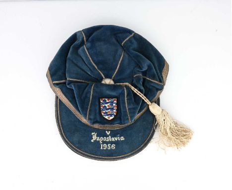 Stanley Matthews, an England international football cap, v Yugoslavia 1956, blue velvet with silver coloured thread, applied 