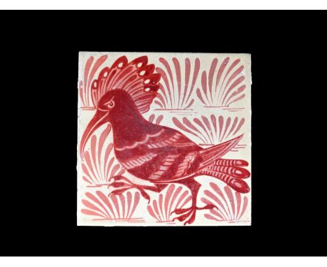 William De Morgan, an Arts and Crafts ruby lustre Hoopoe tile, Chelsea, circa 1880, painted with a bird facing left, on a fol