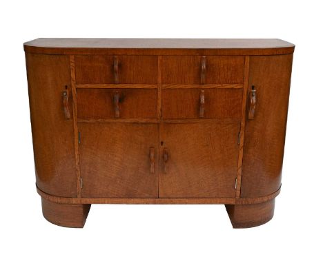 Heal's, London, an Art Deco oak sideboard, circa 1930, crossbanded top, four graduated frieze drawers, (one with ivorine Heal