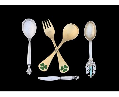 Georg Jensen, a collection of Danish silver flatware and a knife, including Acanthus spoon and Konge knife, 1979 silver gilt 