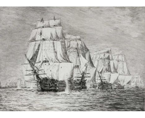 William Lionel Wyllie (British, 1851-1931), Victory Breaking the Line at Trafalgar, signed l.l., etching, 12 by 16cm, framed