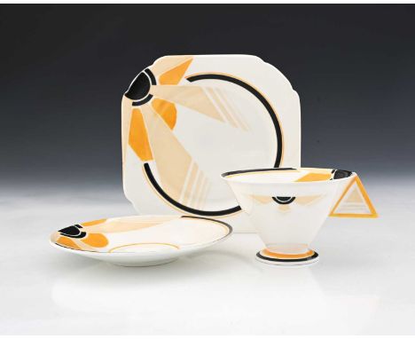 Eric Slater for Shelley, an Art Deco Vogue shape Sunray tea trio, model 11742, including conical cup, saucer and plate, with 