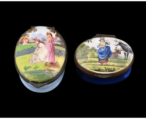 Two Bilston enamel patch boxes, circa 1790, oval form, one with a colour transfer lid of a milkmaid, the other with two women