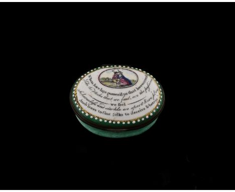 A large Bilston enamel patch box, circa 1780, oval form, the lid with a poetic verse and roundel of courting shepherd and she