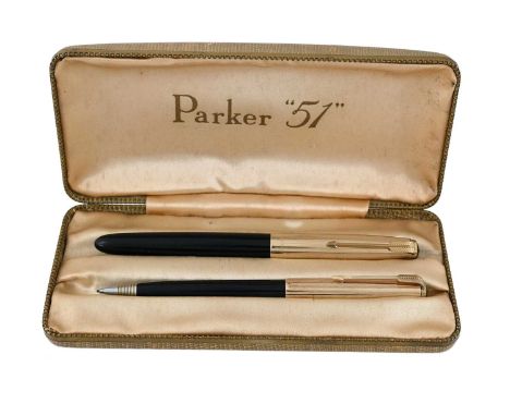 Parker, a 51 fountain pen and push action propelling pencil, black barrel with rolled gold pinstripe caps, in original box (2