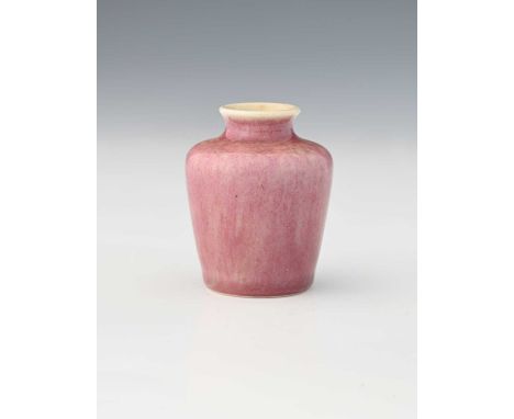 Ruskin Pottery, a small or miniature Souffle vase, circa 1905, shouldered form, pink hares fur glaze, WHT impressed marks, 5.