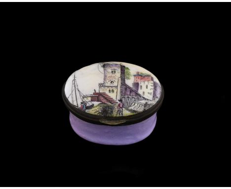 A Bilston enamel patch box, circa 1780, oval, decorated with a harbour scene with figures, purple ground, 4.5cm wide