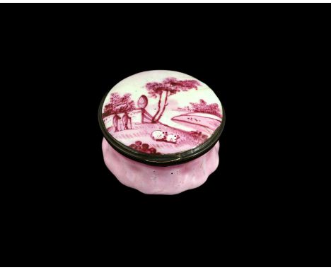 A Bilston enamel patch box, circa 1790, circular with lobed body, puce painted with a pastoral scene of figures and sheep, 4c