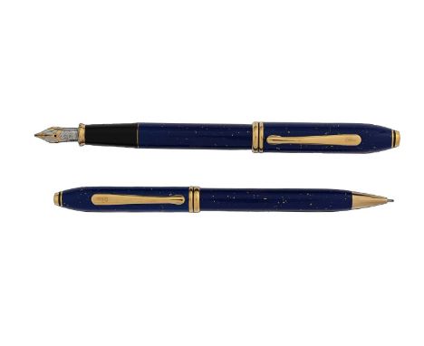 Cross, a Townsend Lapis fountain pen and propelling pencil set, blue lacquer with gold leaf inclusions, 18 carat gold two ton