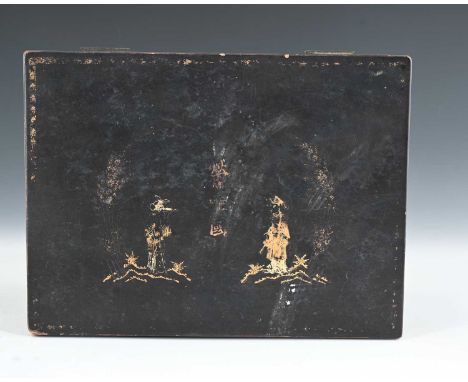 A Chinese Export black lacquer tea caddy, Qing dynasty, the hinged cover decorated with a pair of figures and script, side ha