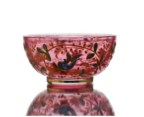 Moser, a Bohemian enamelled and gilt glass bowl, circa 1890, pink cased with foliate enamel and gilded floral motifs, 6.5cm d