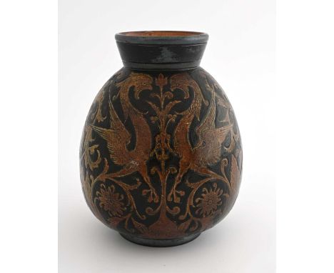 Robert Wallace Martin for Martin Brothers, a stoneware vase, 1884, ovoid form with conical neck, sgraffito decorated in the M