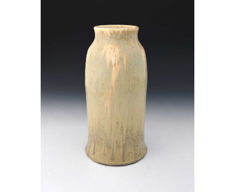 Ruskin Pottery, a Crystalline vase, circa 1930, conical bell form, streaky taupe glaze, impressed marks, 31cm high