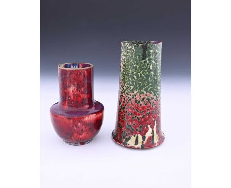 Ruskin Pottery, two High Fired vases, 1912 and 1926, shouldered and conical forms, one with green oxide speckles over marbled