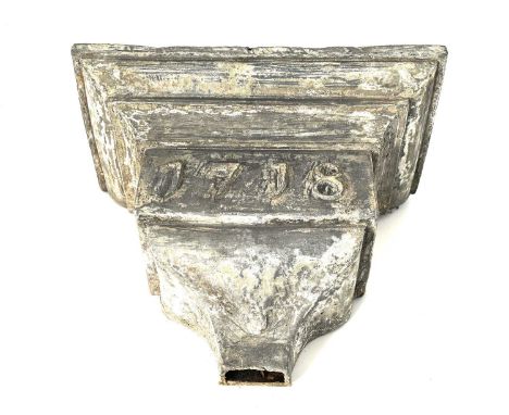 A George I cast lead rain hopper, dated 1718, plane cornice, 33cm high, 42cm wide 23cm deep