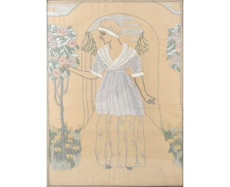 An Arts &amp; Crafts Glasgow School embroidered silk panel, a maiden wearing a bonnet in a garden picking roses, 38 by 28cm, 