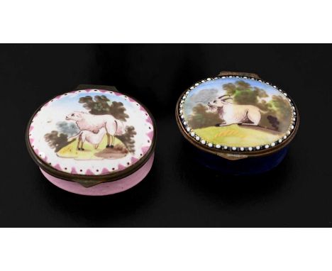 Two Bilston enamel patch boxes, circa 1800, oval form, each painted with farm animals, including sheep and lamb, and a goat, 