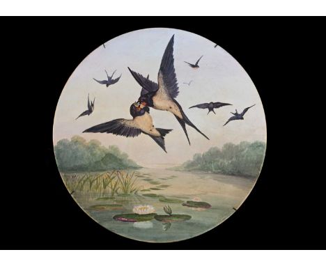 An Art Pottery painted charger, possibly Kensington Gore, Minton, 1884, decorated by Miss Davis with swallows over a waterlil