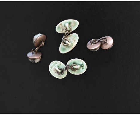 Ruskin Pottery, pair of High Fired cabochon and gilt metal cufflinks, moss agate effect, together with two other Souffle glaz