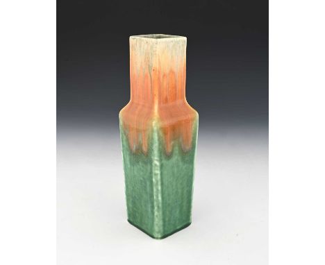 Ruskin Pottery, a Crystalline vase, circa 1932, square section shouldered form, banded orange over green, impressed marks, 26