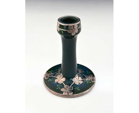 Ruskin Pottery for Shreve and Co., a silver overlay Souffle glazed candlestick, circa 1905, splayed form with poppy head scon