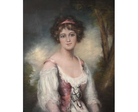 19th Century School, portrait of a fashionable young lady, half-length wearing a pink bow in her hair, pastel, 75 by 63cm, gi