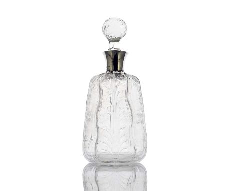 John Orchard for Stevens and Williams, an Arts and Crafts  silver mounted intaglio cut rock crystal glass decanter, John Char