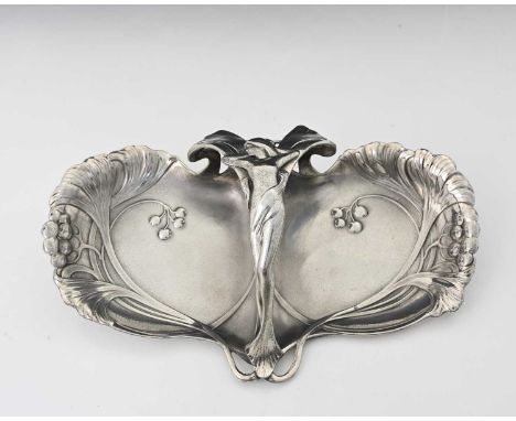 WMF, a Jugendstil silver plated double dish, model 80, kidney bean form relief moulded with tendril fronds and berries, the h