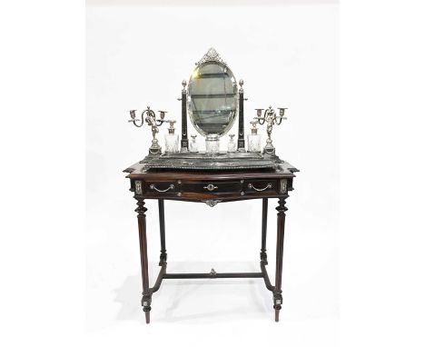 A Portuguese hardwood bow-fronted dressing table, late 19th/early 20th Century, .833 standard silver fittings throughout, ova