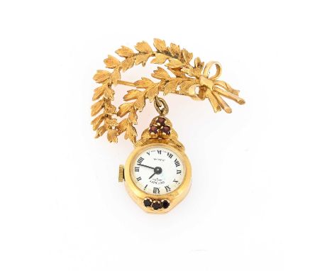 Rotary, a 9ct gold garnet accent fob watch, suspended from a foliate spray brooch, with bow, hallmarks for London 1966, lengt