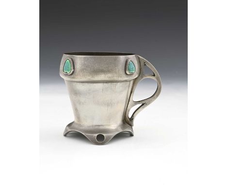 Kate Harris for William Hutton and Sons, an Arts and Crafts pewter and Ruskin cabochon set mug, conical acorn form with heart