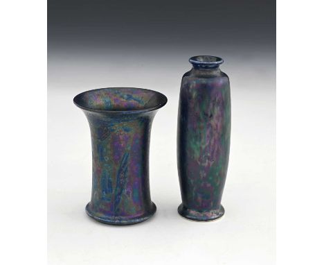 Ruskin Pottery, two small Kingfisher lustre vases, 1913 and 1915, shouldered barrel form and flared trumpet forms, impressed 