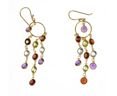 A pair of peridot, amethyst, garnet and blue topaz chandelier drop earrings, length 5.6cm, 2.5g