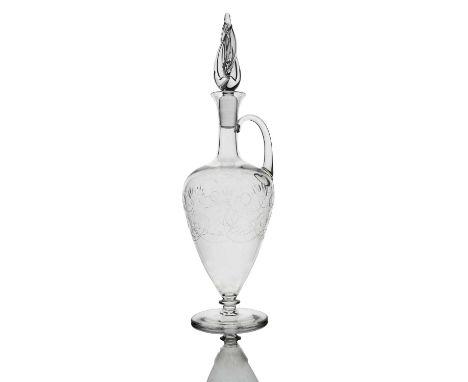 Harry Powell for James Powell and Sons, Whitefriars, an Arts and Crafts Siam variation glass claret jug, circa 1900, footed a