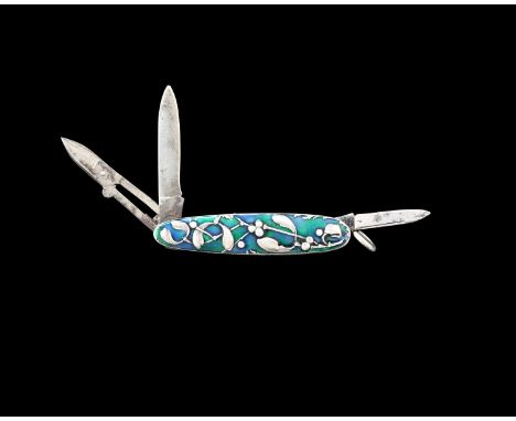 An Art Noveau white metal and enamelled combination pen knife, probably French circa 1900, cast mistletoe design on a blue gr