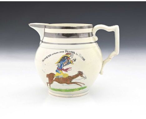 Napoleonic interest, a printed lustre jug, circa 1812, ovoid helmet form, each side with an image titled Boneys return from R