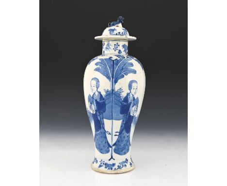 A Chinese blue and white temple vase and cover, Qianlong mark, inverse baluster form painted with mirrored pairs of figures i