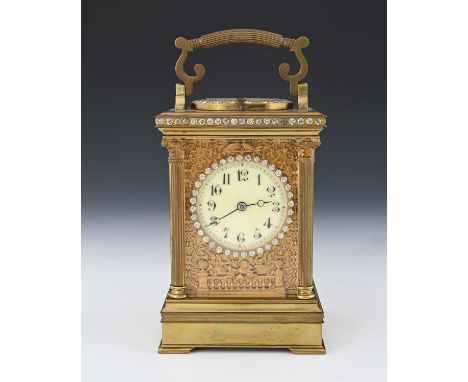 A French repeating carriage clock, late 19th Century, gilt brass and paste set corniche case, visible platform lever escapeme